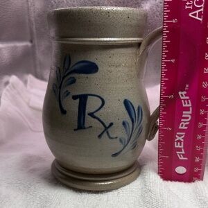 Rowe Salt glazed Stoneware Coffee Mug with Blue Floral Motif “RX” Stamped.